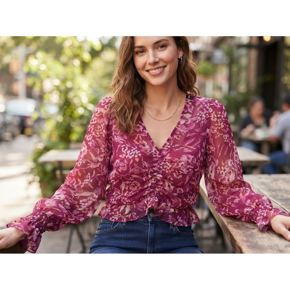AQUA Floral V-Neck Ruched Long Sleeve Blouse Magenta Metallic Gold L